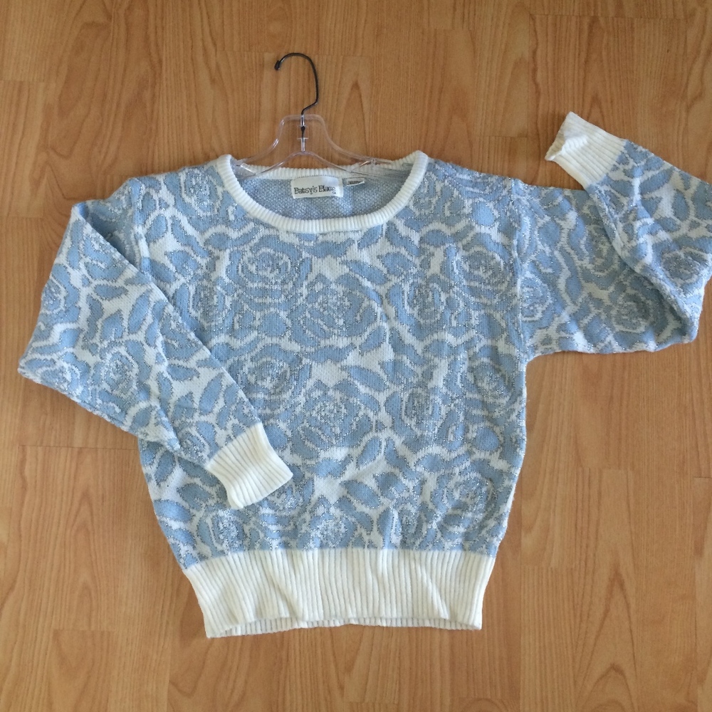 Vintage 80s sweater blue rose cropped glittery